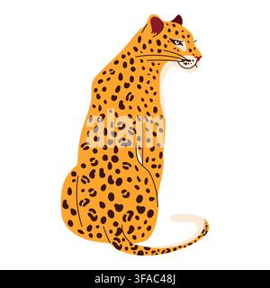 Cute stylized leopard illustration with a confident pose, bold spotted pattern and long curved tail, trendy wild animal character isolated on a white background. . Vector illustration Stock Vector