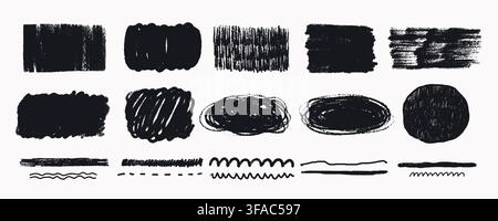 Brush chalk texture with grunge strokes. Rough rectangle and oval marks pair with scribble and wavy line strokes. Fits backgrounds, posters and Stock Vector