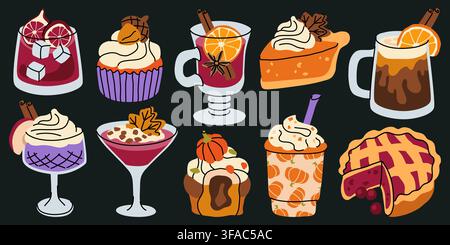 Cozy fall hot beverages and delicious pastries doodle vector set for holiday banners Stock Vector