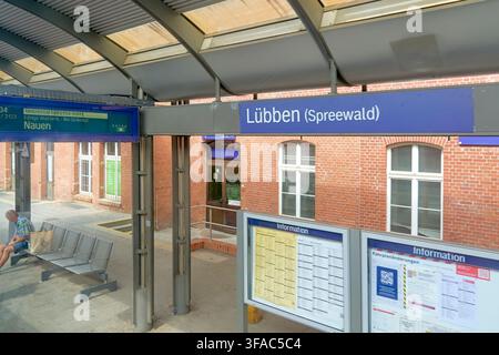 Intermodal passenger transport hub and regional transit system at Lübben (Spreewald) railway station in the federal state of Brandenburg, the blue pla Stock Photo