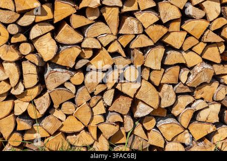 Stack of chopped and neatly stacked firewood Stock Photo