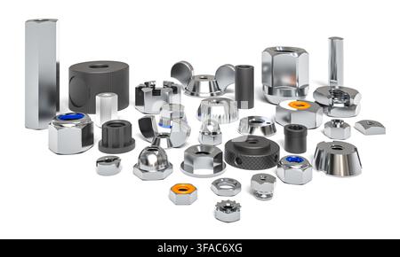 Collection 3d steel nuts on white Stock Photo