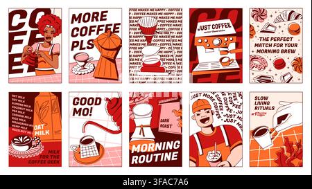 Vintage coffee shop posters set with barista characters serving morning beverage. Contemporary doodle vector banners with cafe scenes, hand holding cup, coffee machine, drink menu sketch design Stock Vector