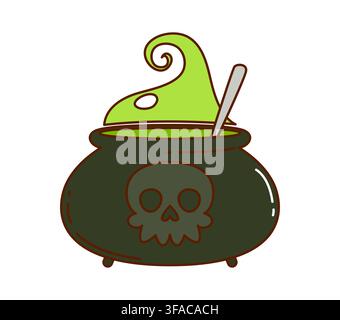 Groovy Halloween cauldron with green potion Stock Vector