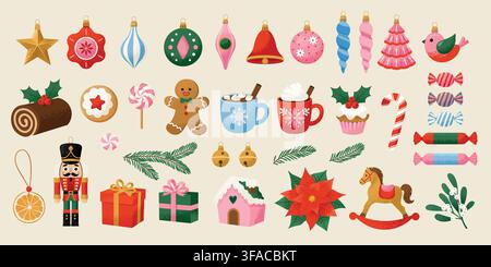 Christmas Collection of Vintage Xmas Toys, Desserts, Evergreen Plants, Candies, and Gift Boxes. Cute Vector illustration Stock Vector