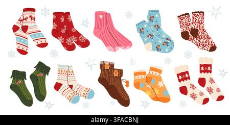 Cute collection of cozy winter socks with festive patterns, snowflakes, hearts, candy canes, gingerbread, Christmas trees and warm seasonal designs. Hand-drawn vector illustration.  Stock Vector
