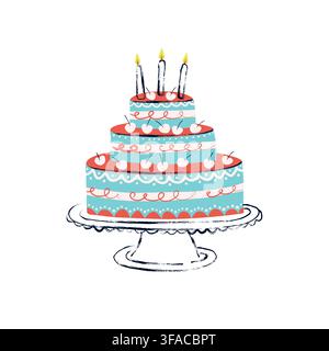 Three Tier Birthday Cake with Candles and Cherries, Hand Drawn Colorful Celebration Cake Vector Illustration on White Background Stock Vector