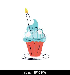 Birthday Cupcake with Burning Candle and Cherries, Hand Drawn Colorful Celebration Dessert Vector Illustration on White Background Stock Vector