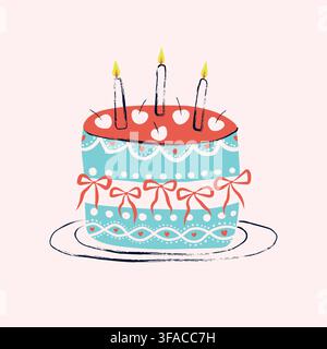 Birthday Cake with Three Burning Candles, Cherries, Bows and Heart Decorations, Hand Drawn Celebration Cake Vector Illustration Stock Vector