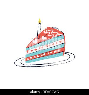 Birthday Cake Slice with Burning Candle, Cherries and Heart Decorations, Hand Drawn Colorful Dessert Vector Illustration on White Background Stock Vector