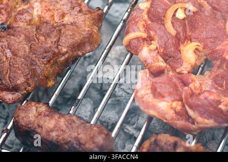 Close-up of seasoned raw and cooked pork steaks with sliced onions and minced meat sausages grilling over hot glowing charcoal on a metal barbecue gra Stock Photo