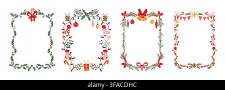 Christmas card borders with ribbon bows and garlands isolated on white. Vector cartoon illustration of vintage festive frames with pine tree wreath, golden bells, gift boxes, candy canes, holiday card Stock Vector