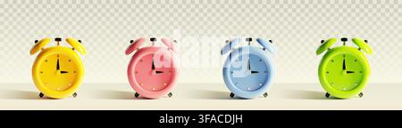Realistic 3D alarm clocks with vibrant color design isolated on transparent background. Vector set of retro style time countdown device mockups, wake-up or deadline reminder, morning sleep timer icon Stock Vector