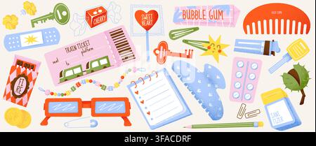 Set of girly accessories and stationery isolated on white background. Vector cartoon illustration of keys, notebook, pencil, paperclips, money, train ticket, patch and pills, sunglasses and hair comb Stock Vector
