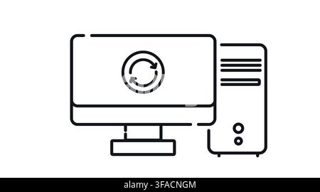 Desktop computer tower and monitor with refresh arrows circle symbol on screen vector icon. Black line art style on white background. Stock Vector
