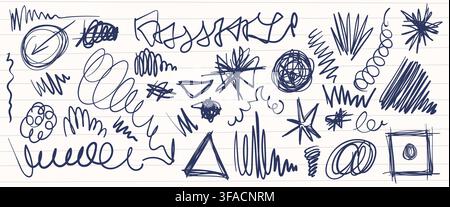 Hand-drawn pen lines and scribble doodles on notebook page background. Vector realistic pack of abstract brush strokes, pencil sketches, freehand marker elements for creative school design projects Stock Vector