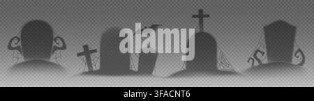 Creepy silhouettes of cemetery graves on transparent background. Vector realistic set of spooky gravestones with cobweb, bat shadows flying above graveyard tombs with crosses, Halloween decoration Stock Vector