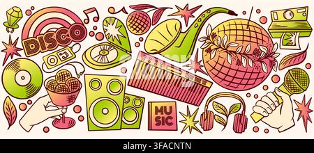 Handdrawn disco party icons set. Vector illustration of mirror ball decorated with flowers, 90s CD player, instant photo camera, headphones, hands with microphone and ice cream, retro dance music vibe Stock Vector