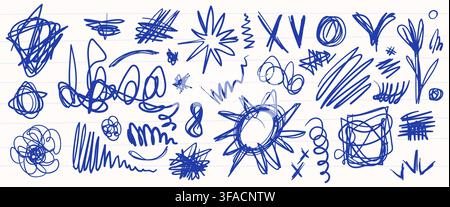 Hand drawn scratches, squiggly pen marks and scribble doodles on lined paper page background. Vector realistic pack of abstract brush strokes, pencil sketches, black marker elements for school design Stock Vector