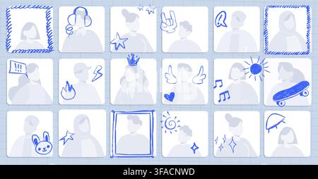 School yearbook mockup with blue cute hand drawn doodle icons. Vector grid page background for funny photo album, template for playful joke sketch borders for university or school graduation portraits Stock Vector