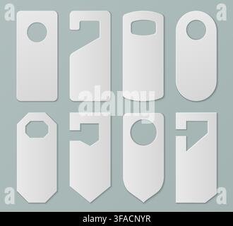 Hotel door hanger set isolated on background. Vector realistic illustration of blank room service tags of different shape, do not disturb sign template for handle, retro warning banner for quiet suite Stock Vector