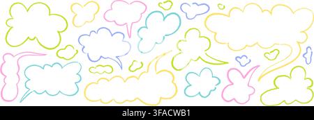 Hand drawn pencil sketch childish gunky speech bubble callout, think cloud, text box set. Freehand kid chalk quirky scribble. Playful pastel colorful Stock Vector