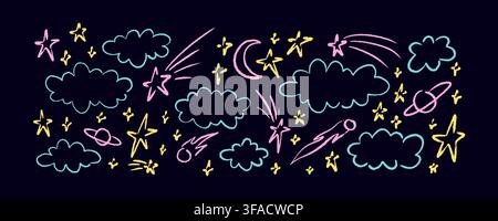 Cute crayon doodle kid outer space background. Fluffy clouds, moon, planet, ufo, comet, shooting star pastel drawing. Night starry sky design. Chalk f Stock Vector