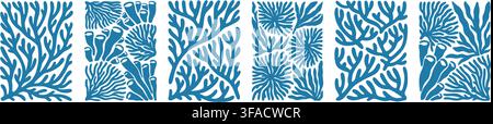 Hand drawn doodle boho coral, seaweed pattern set. Summer organic irregular shape liquid abstract funky background. Caribbean, Hawaiian, mediterranean Stock Vector