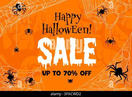 Halloween sale offer banner with spiders in cobweb Stock Vector