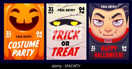 Halloween party flyers with monster faces. Scary glowing jack o lantern, creepy mummy and cartoon vampire on Halloween banners. Spooky vector flyers f Stock Vector