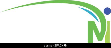 Abstract letter M logo design with green swoosh and human figure on white background. Stock Vector