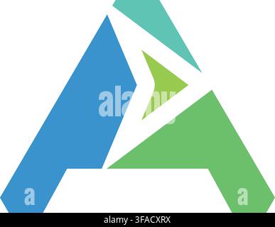A modern flat geometric logo design featuring the letter A with an integrated arrow shape in blue and green colors. Stock Vector
