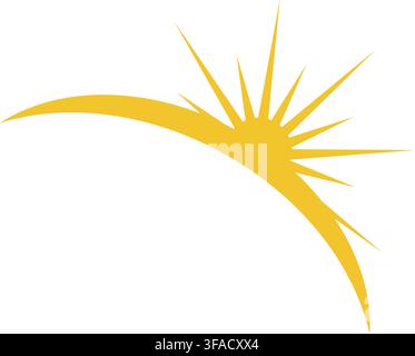 A minimalist yellow graphic icon showing the sun rising or setting over a curved horizon line. Stock Vector