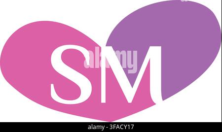 The letters SM in white color displayed inside a pink and purple heart shape on a white background. Stock Vector