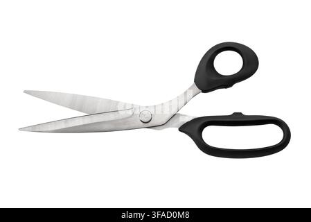 Sharp stainless steel dressmaking shears with ergonomic black handles isolated on white with clipping path -  top view of classic professional tailori Stock Photo