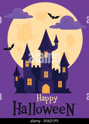 Happy Halloween Haunted Castle with Full Moon and Bats. Stock Vector