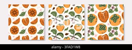 Collection of seamless persimmon patterns with ripe fruits, slices, leaves and flowers on light backgrounds. Great for packaging, textiles, stationery Stock Vector