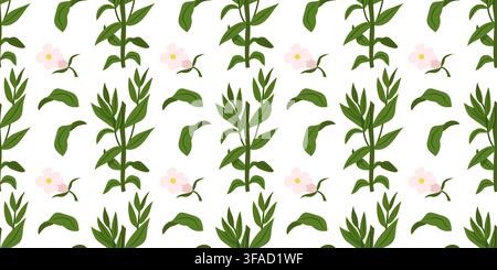 Botanical seamless pattern featuring hedge hyssop branches, green leaves and delicate pink flowers on a white background. Suitable for packaging, text Stock Vector