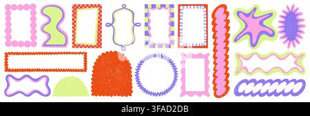 Wavy frame borders set with scalloped edges and cute Y2K retro design. Vector set of playful color crayon borders for kid photos, text box, decorative graphics, retro style geometric collage elements Stock Vector