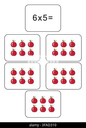 Multiplication table of 6. Maths card with an example, drawing. Multiplication Square, vector illustration. Printed products, banner, table for Stock Vector