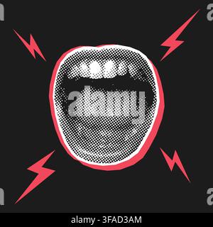 Screaming open mouth with lightning bolts on a dark background, halftone pop art style, bold energetic concept. Stock Vector