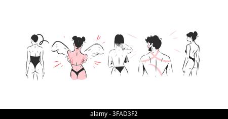 Emotional People Hand Drawn Vector Set, Women and Man Line Art, Vulnerability, Feelings, Relationships, Self Protection and Inner Emotions Psychology Stock Vector