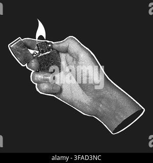Hand holding a lit lighter with flame on a dark background, halftone pop art style. Stock Vector
