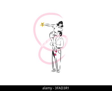 Happy Romantic Couple Hand Drawn Vector Illustration, Woman Sitting on Man Shoulders, Love, Trust, Support, Partnership and Playful Relationship Stock Vector