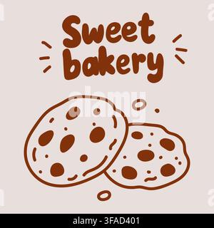 Two chocolate chip cookies in a simple hand drawn bakery style illustration for food and dessert designs. Stock Vector