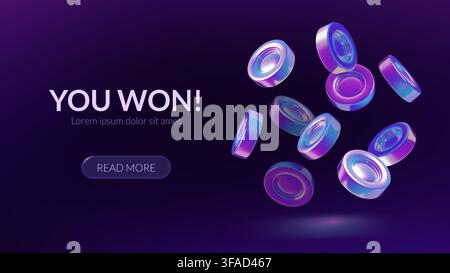 Money winner cash prize announcement banner with holographic neon 3D coins on dark background Stock Vector