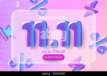 11.11 Singles Day sale banner with 3D holographic numbers lightning and percent on purple background Stock Vector