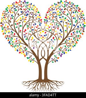 A stylish heart-shaped tree illustration featuring colorful leaves and intricate roots, isolated on a clean white background. Perfect for nature, love Stock Vector
