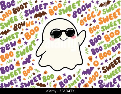 An isolated, cheerful cartoon ghost character wearing stylish sunglasses, set against a vibrant Halloween-themed background filled with playful words Stock Vector