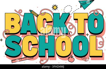 Vibrant and playful vector illustration of the phrase 'Back to School' featuring colorful letters adorned with school-themed icons like pencils, ruler Stock Vector